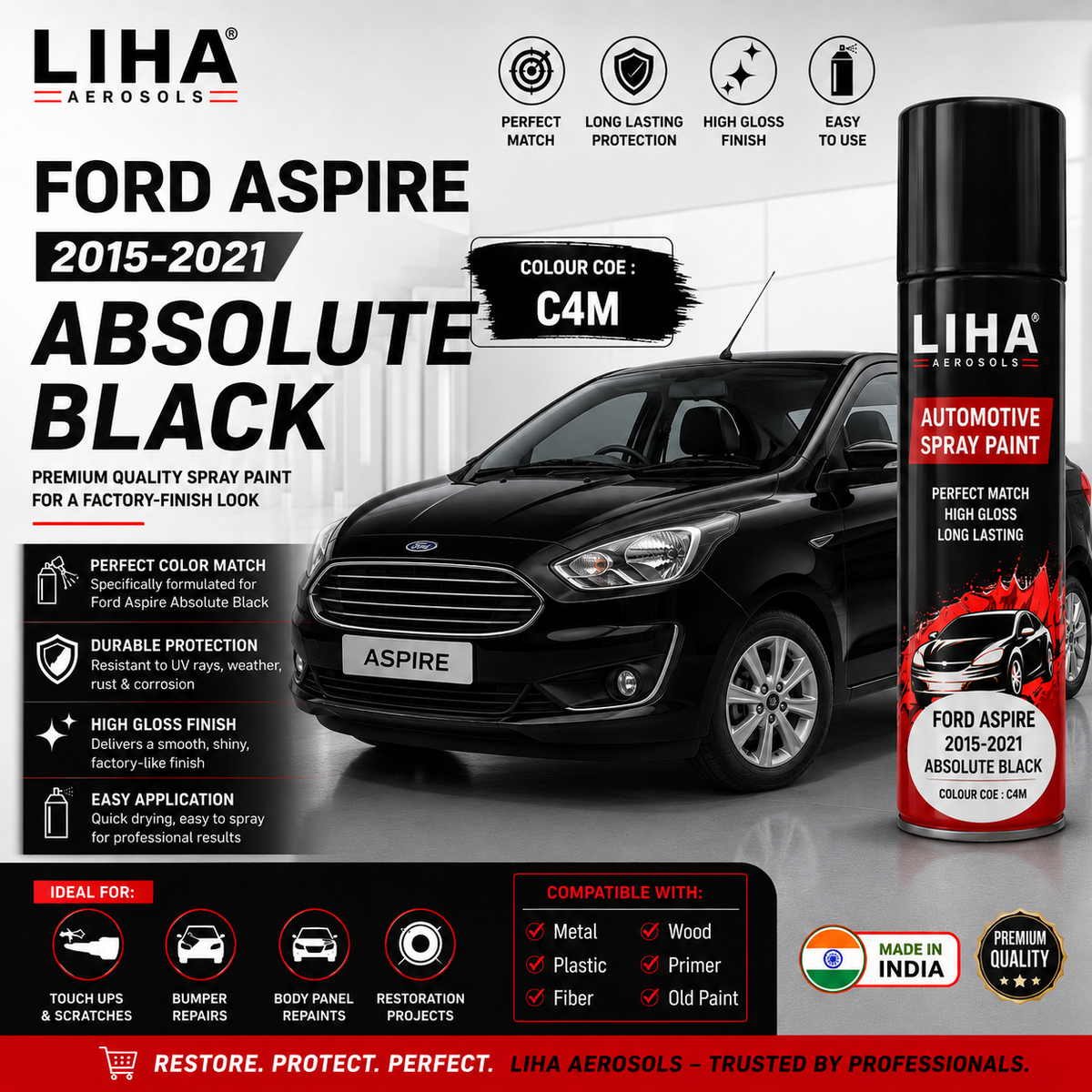 Ford Aspire Absolute Black Touch Up Spray Paint – C4M OEM Color Match | LIHA Aerosols 500ml