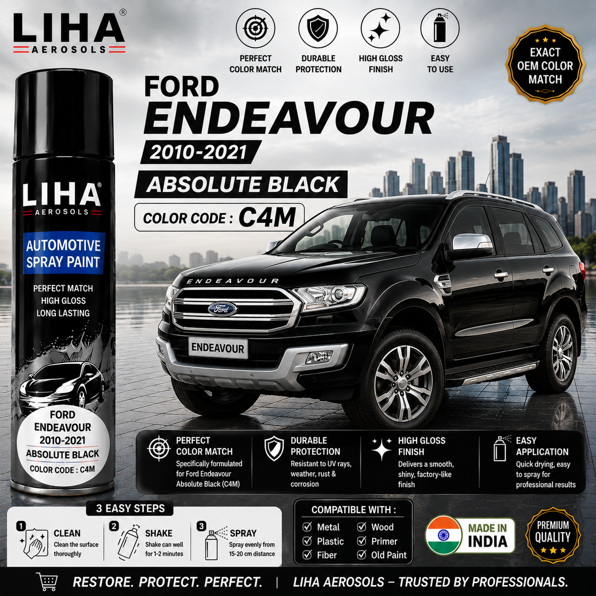 Ford Endeavour Absolute Black Touch Up Spray Paint – OEM Color Match C4M | LIHA Aerosols 500ml