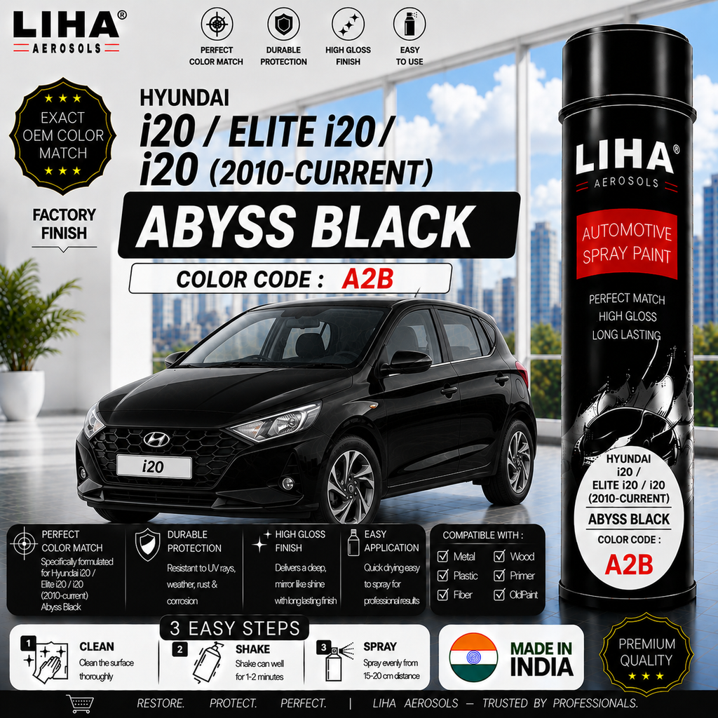 Hyundai i20 / Elite i20 / i20 Abyss Black Touch Up Spray Paint – OEM Color Match | LIHA Aerosols 500ml