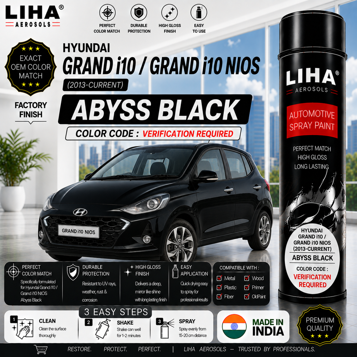 Hyundai Grand i10 / Grand i10 NIOS Abyss Black Touch Up Spray Paint – OEM Color Match | LIHA Aerosols 500ml