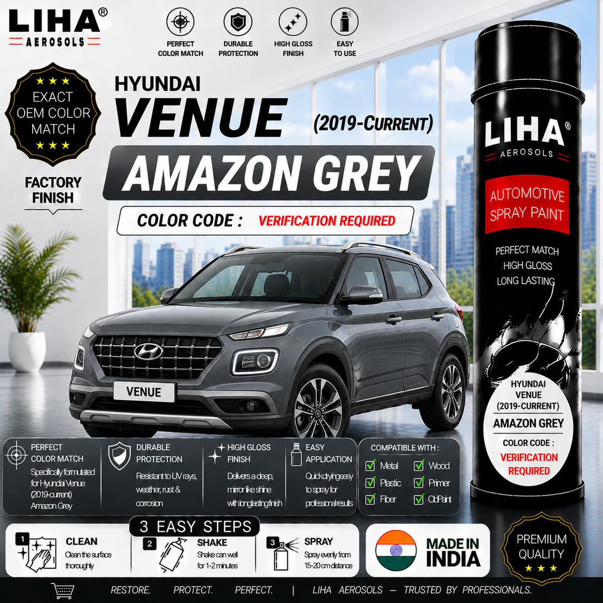 Hyundai Venue Amazon Grey Touch Up Spray Paint – OEM Color Match | LIHA Aerosols 500ml