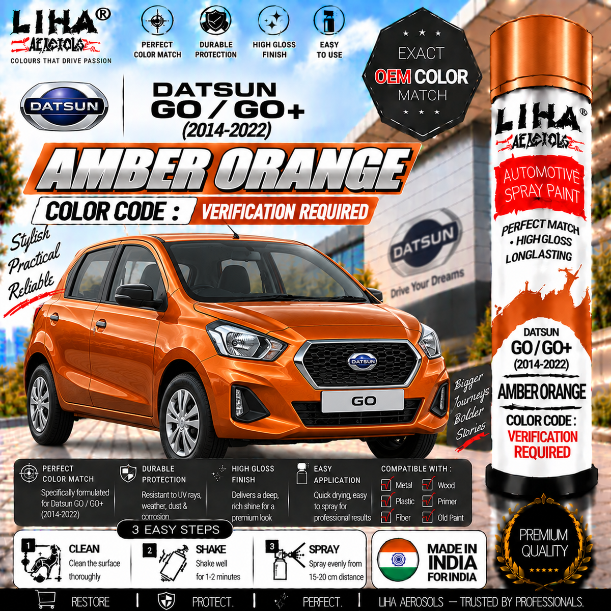 Datsun GO / GO+ Amber Orange Touch Up Spray Paint – OEM Color Match | LIHA Aerosols 500ml