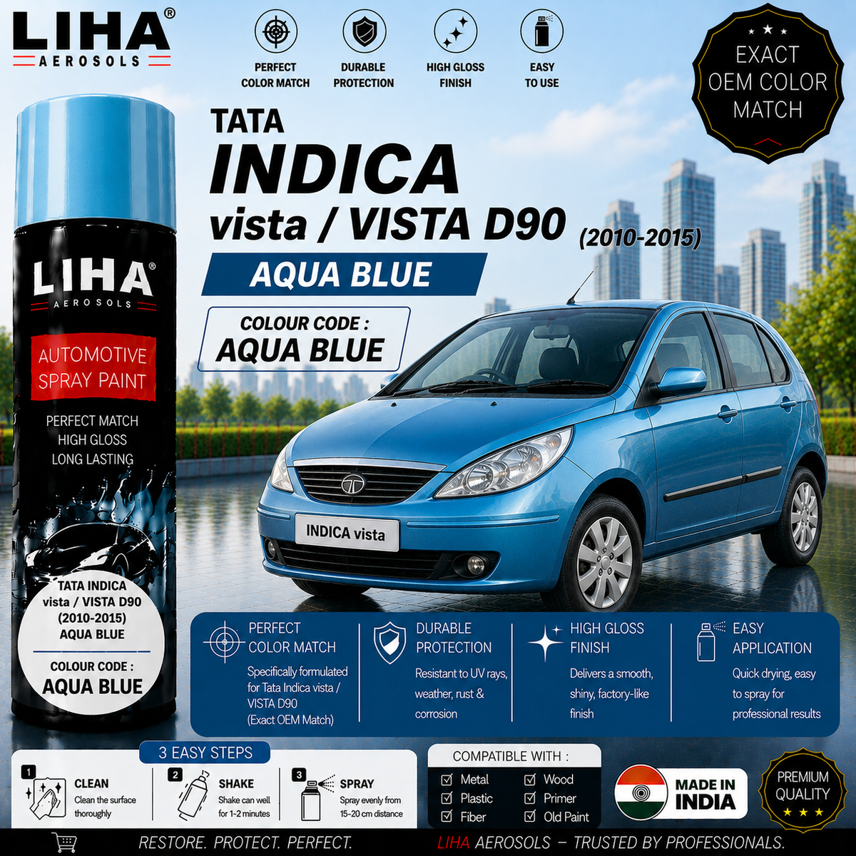 Tata Indica Vista / Vista D90 Aqua Blue Touch Up Spray Paint – OEM Color Match | LIHA Aerosols 500ml