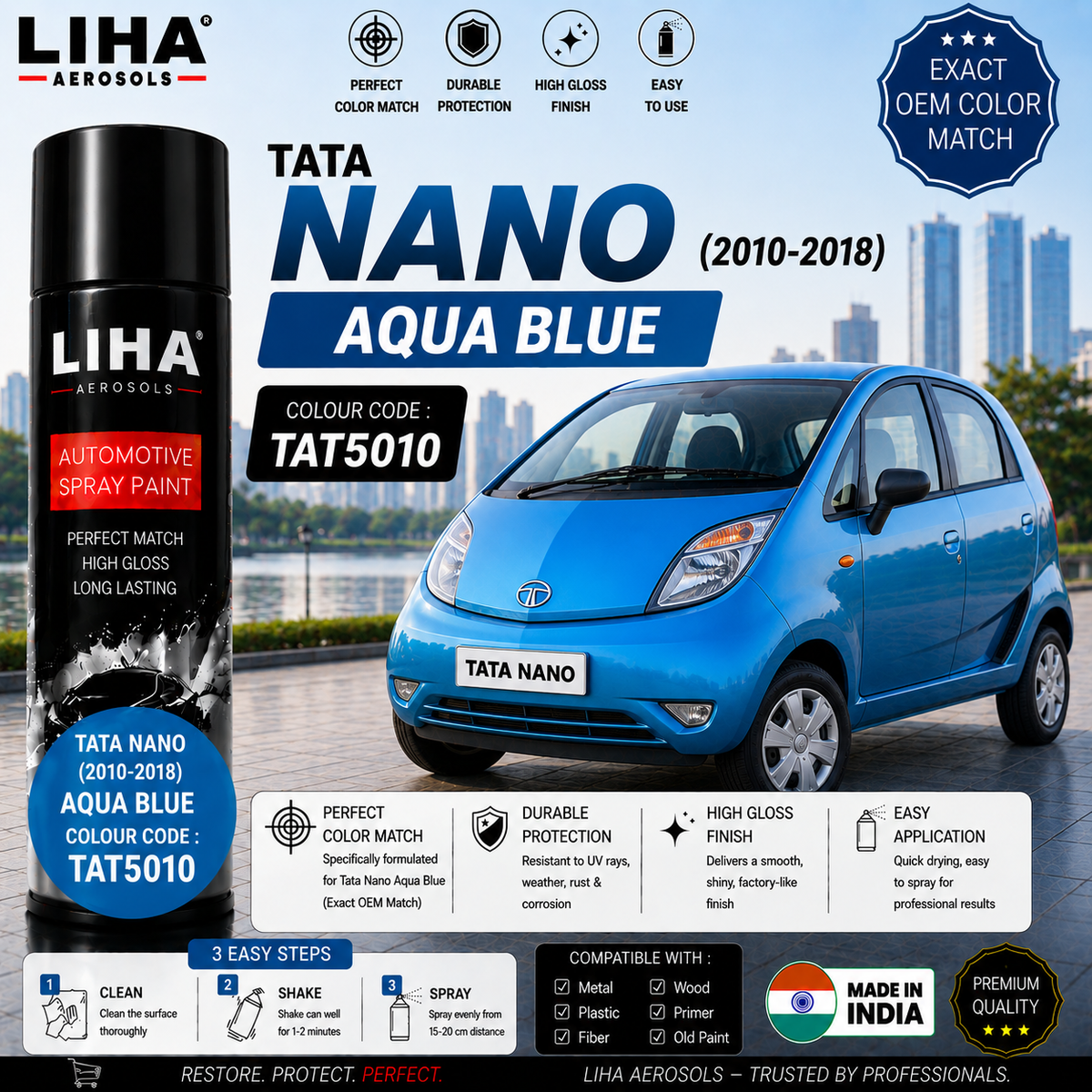 Tata Nano Aqua Blue Touch Up Spray Paint – OEM Color Match | LIHA Aerosols 500ml