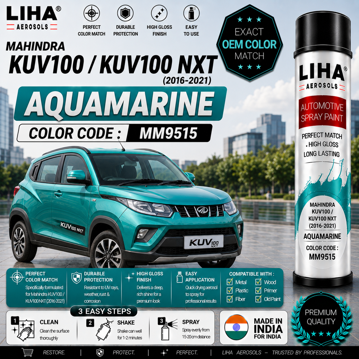 Mahindra KUV100 / KUV100 NXT Aquamarine Touch Up Spray Paint – OEM Color Match | LIHA Aerosols 500ml