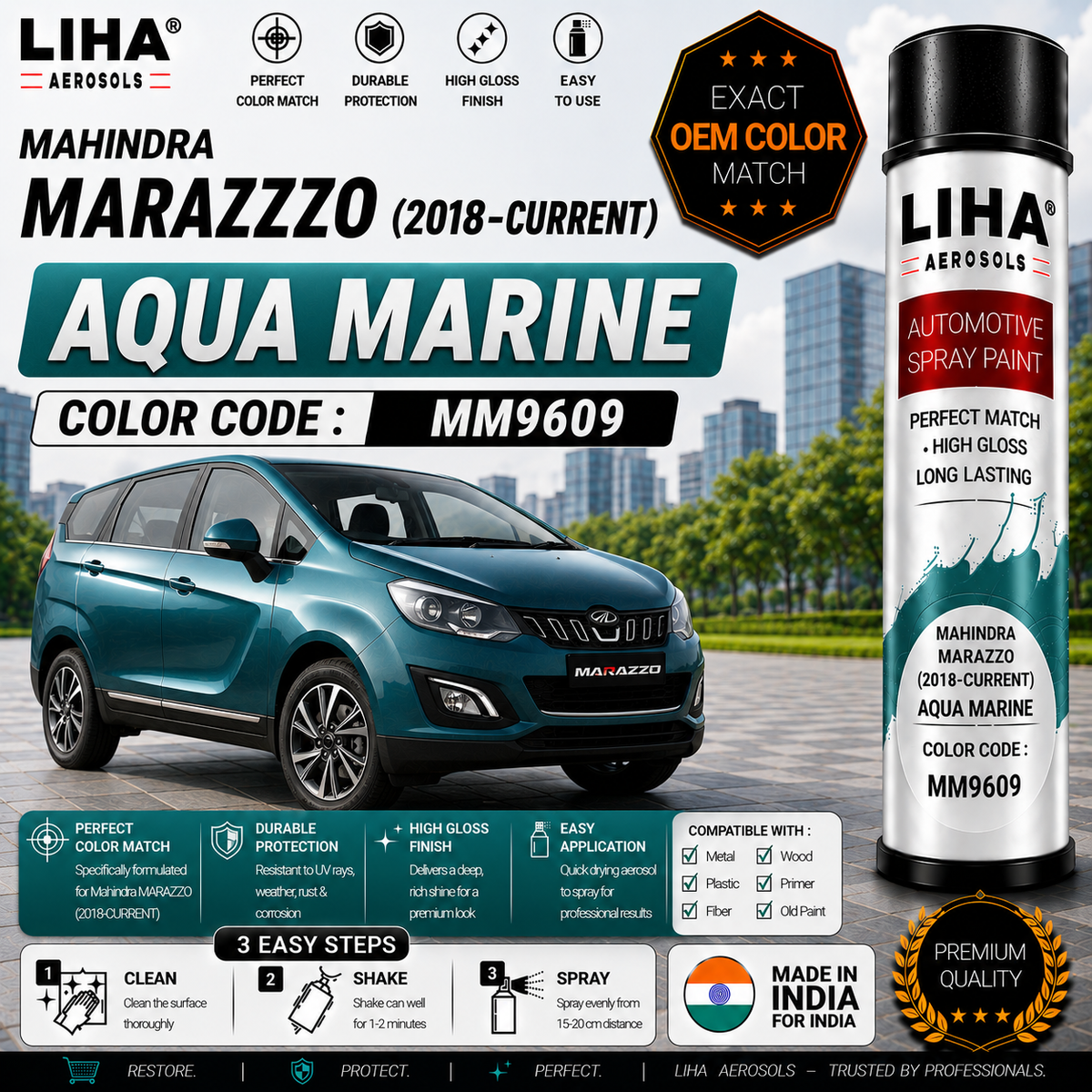 Mahindra Marazzo Aqua Marine Touch Up Spray Paint – OEM Color Match | LIHA Aerosols 500ml