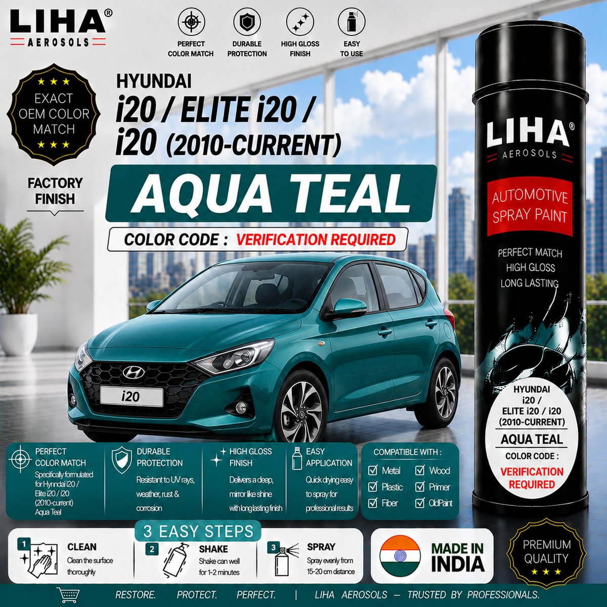 Hyundai i20 / Elite i20 / i20 Aqua Teal Touch Up Spray Paint – OEM Color Match | LIHA Aerosols 500ml