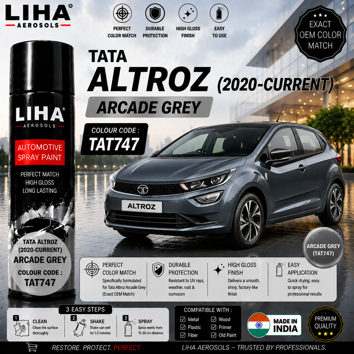 Tata Altroz Arcade Grey Touch Up Spray Paint – OEM Color Match | LIHA Aerosols 500ml