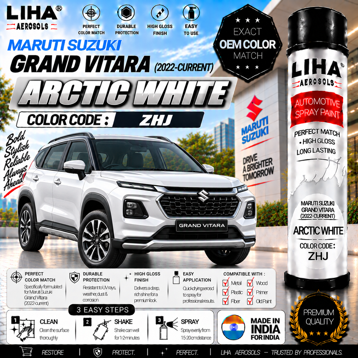 Maruti Suzuki Grand Vitara Arctic White Touch Up Spray Paint – OEM Color Match | LIHA Aerosols 500ml