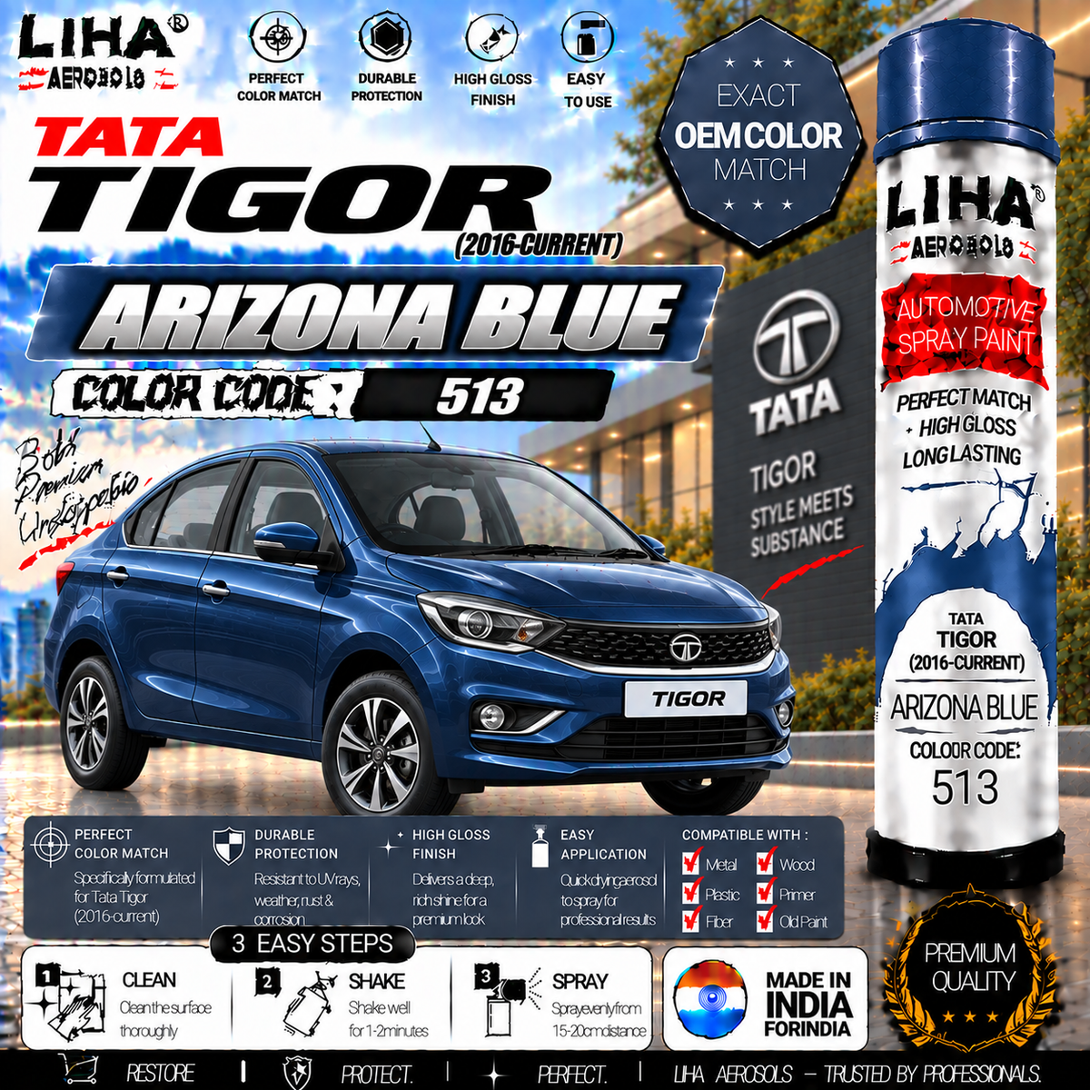 Tata Tigor Arizona Blue Touch Up Spray Paint – OEM Color Match | LIHA Aerosols 500ml