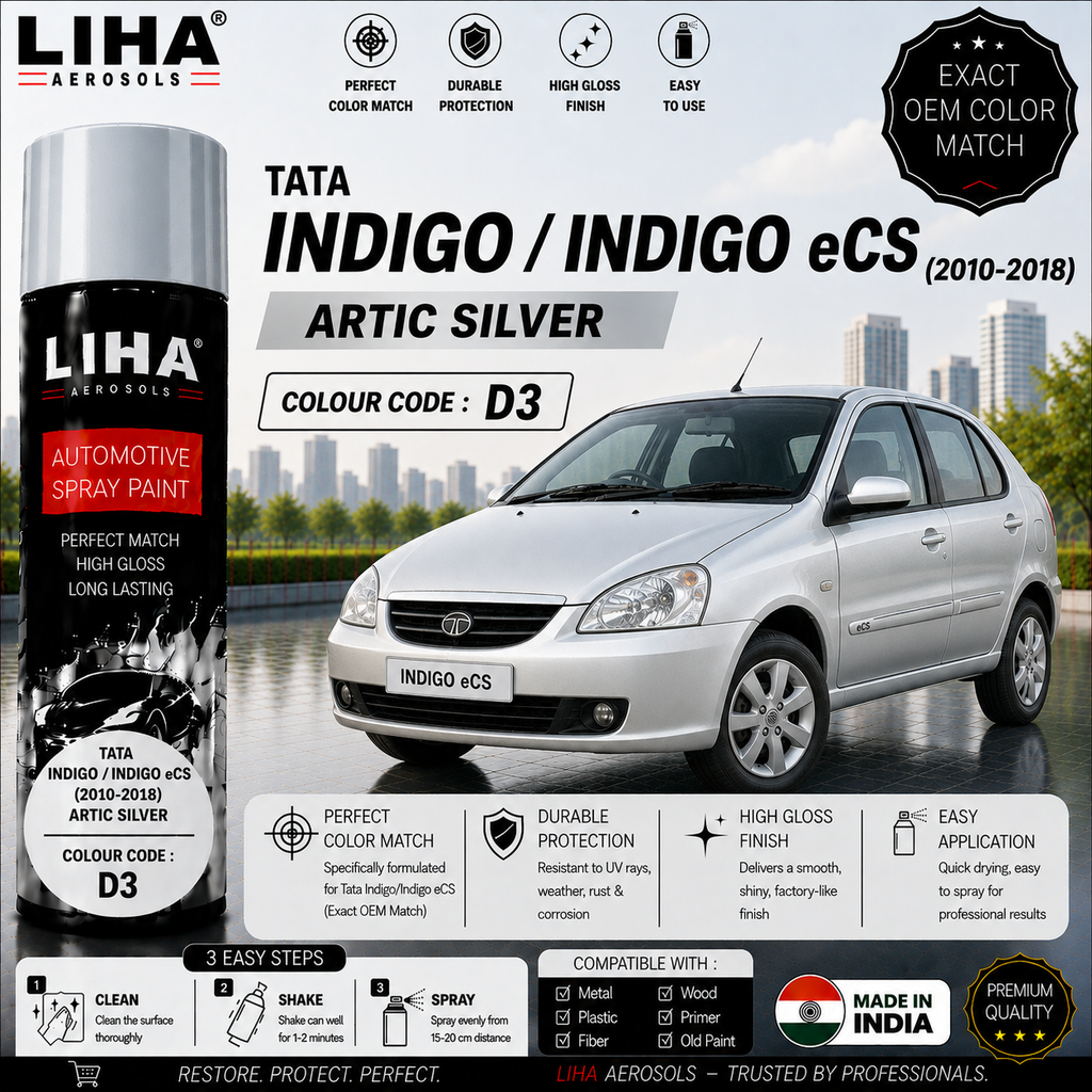 Tata Indigo / Indigo eCS Arctic Silver Touch Up Spray Paint – OEM Color Match | LIHA Aerosols 500ml