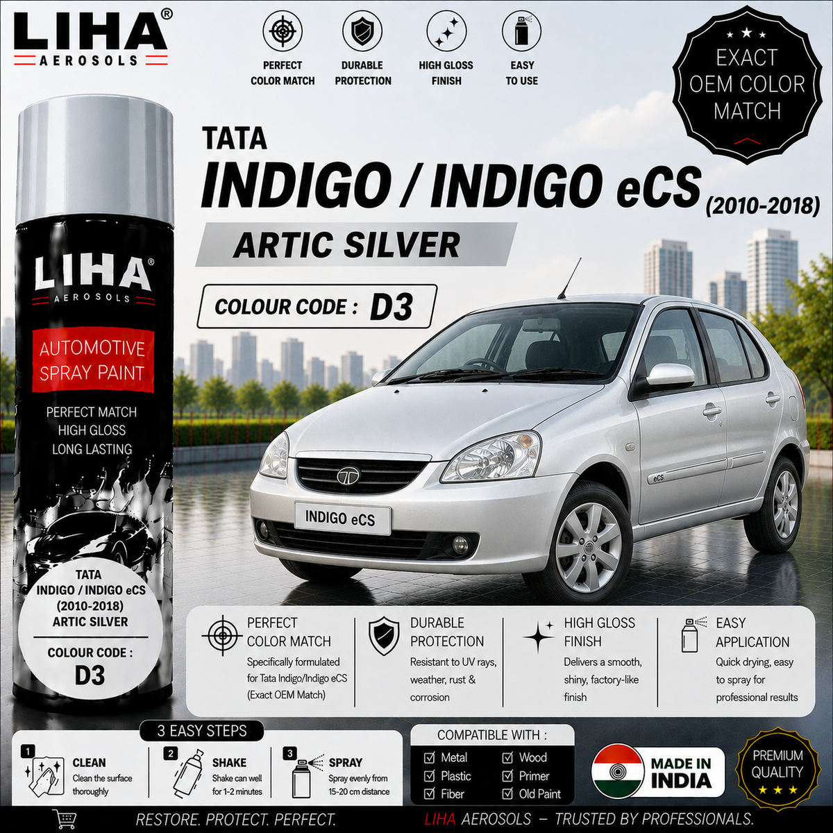 Tata Indigo / Indigo eCS Arctic Silver Touch Up Spray Paint – OEM Color Match | LIHA Aerosols 500ml