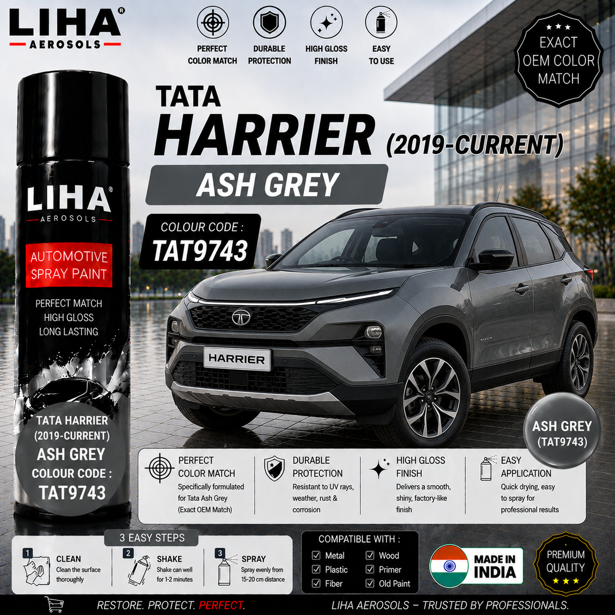 Tata Harrier Ash Grey Touch Up Spray Paint – OEM Color Match | LIHA Aerosols 500ml