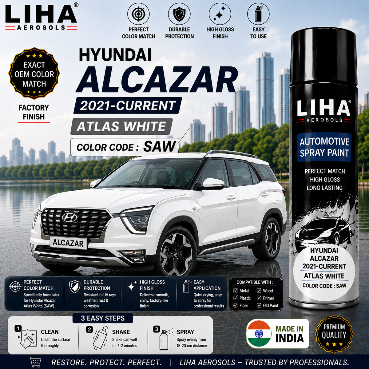 Hyundai Alcazar Atlas White Touch Up Spray Paint – OEM Color Match | LIHA Aerosols 500ml