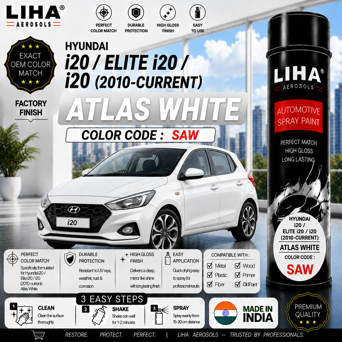 Hyundai i20 / Elite i20 / i20 Atlas White Touch Up Spray Paint – OEM Color Match | LIHA Aerosols 500ml