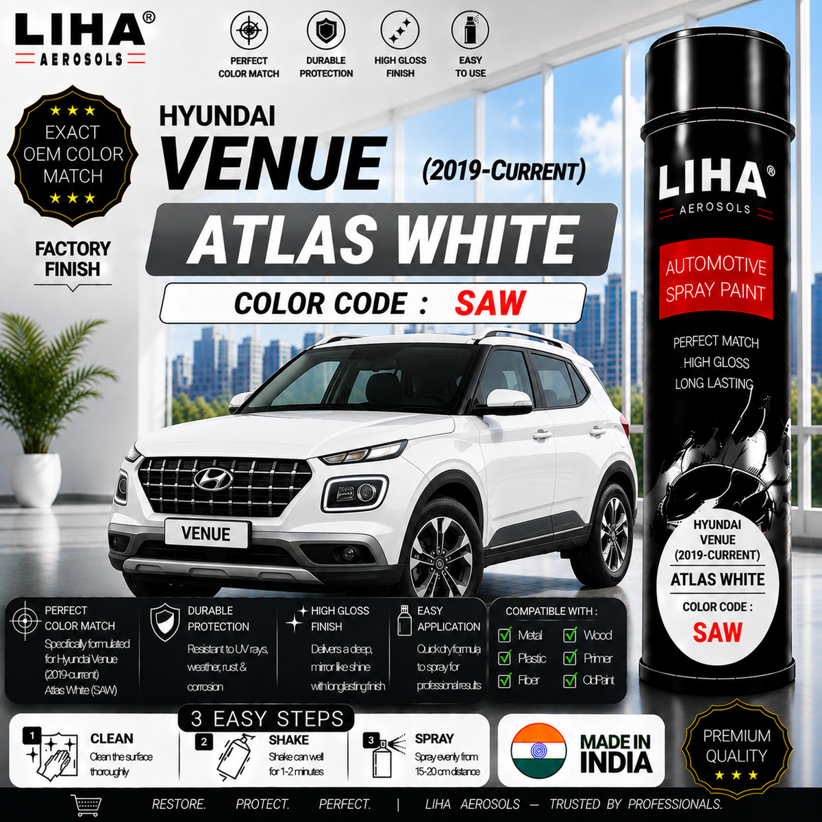 Hyundai Venue Atlas White Touch Up Spray Paint – OEM Color Match | LIHA Aerosols 500ml