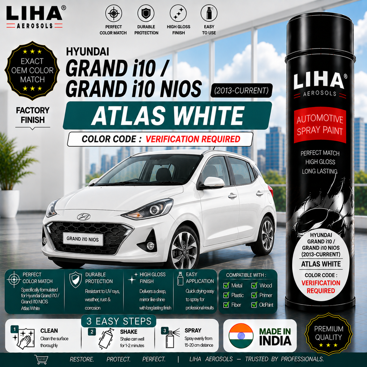 Hyundai Grand i10 / Grand i10 NIOS Atlas White Touch Up Spray Paint – OEM Color Match | LIHA Aerosols 500ml