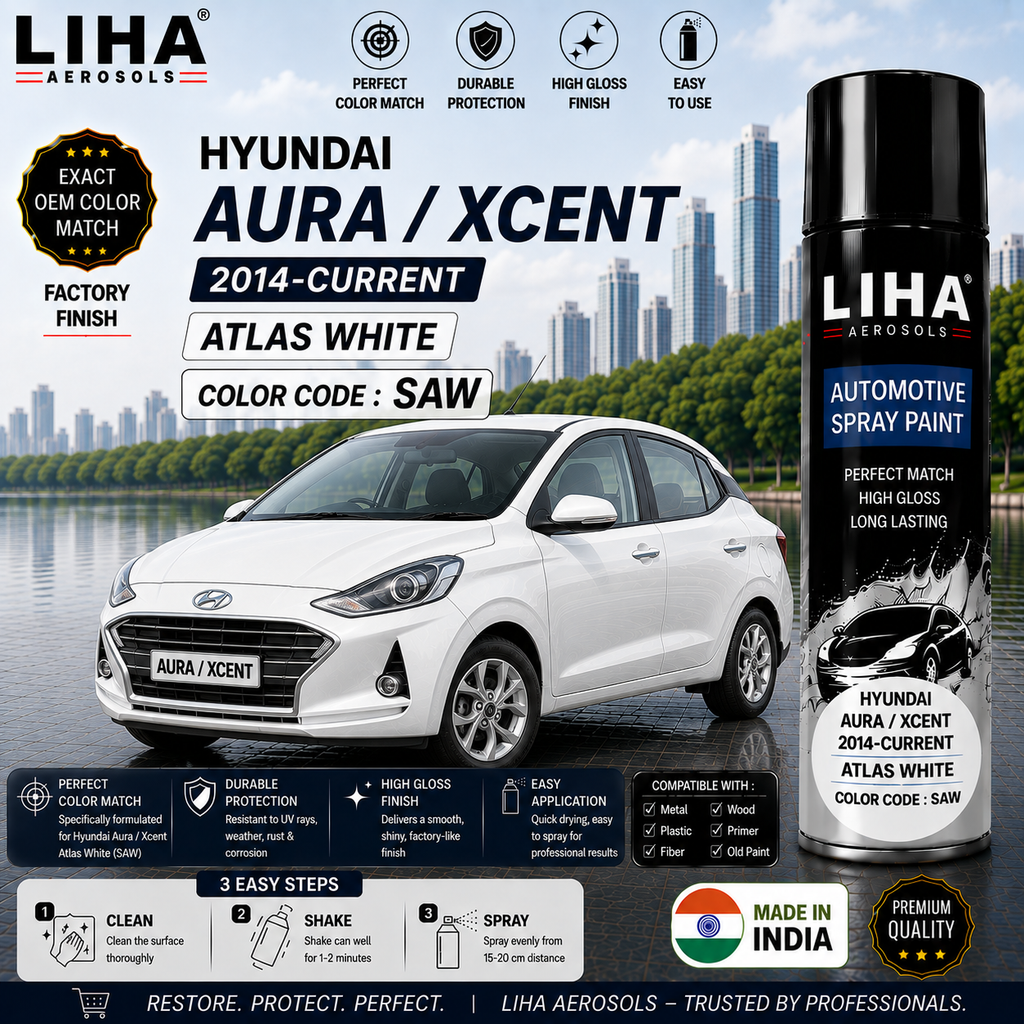 Hyundai Aura / Xcent Atlas White Touch Up Spray Paint – OEM Color Match | LIHA Aerosols 500ml