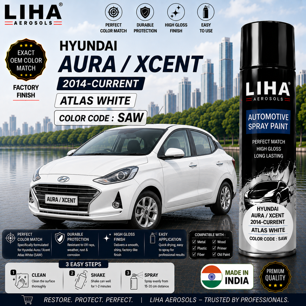 Hyundai Aura / Xcent Atlas White Touch Up Spray Paint – OEM Color Match | LIHA Aerosols 500ml