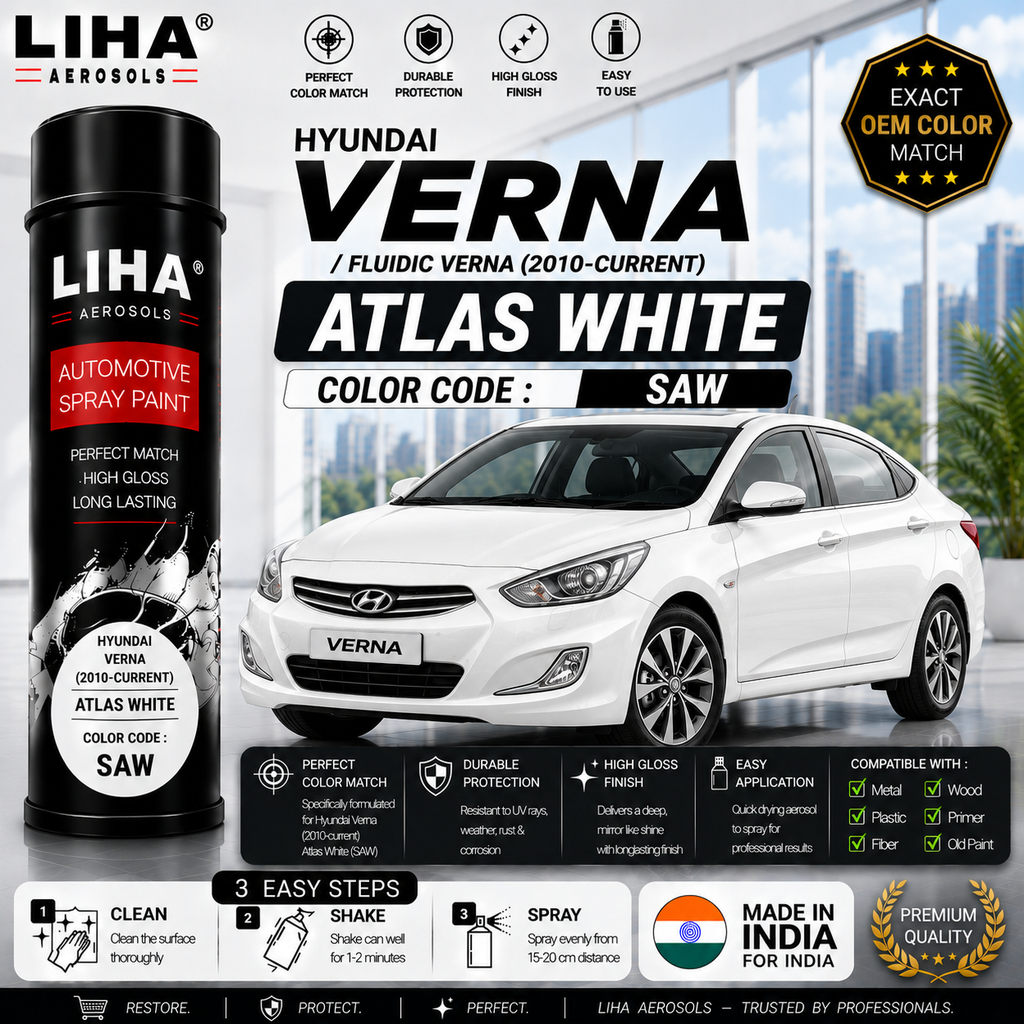 Hyundai Verna / Fluidic Verna Atlas White Touch Up Spray Paint – OEM Color Match | LIHA Aerosols 500ml