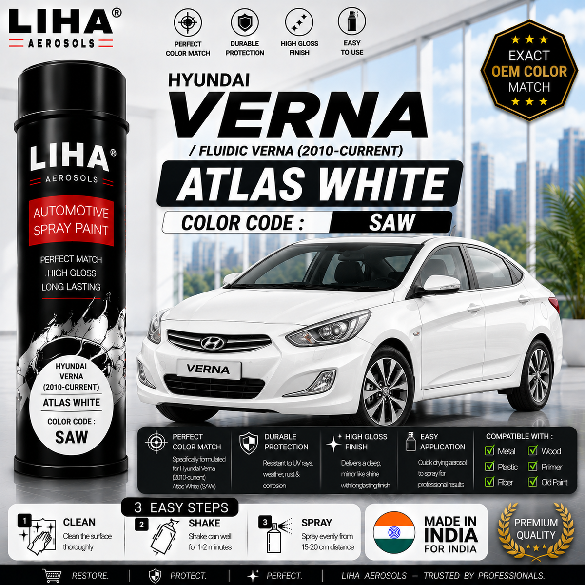Hyundai Verna / Fluidic Verna Atlas White Touch Up Spray Paint – OEM Color Match | LIHA Aerosols 500ml