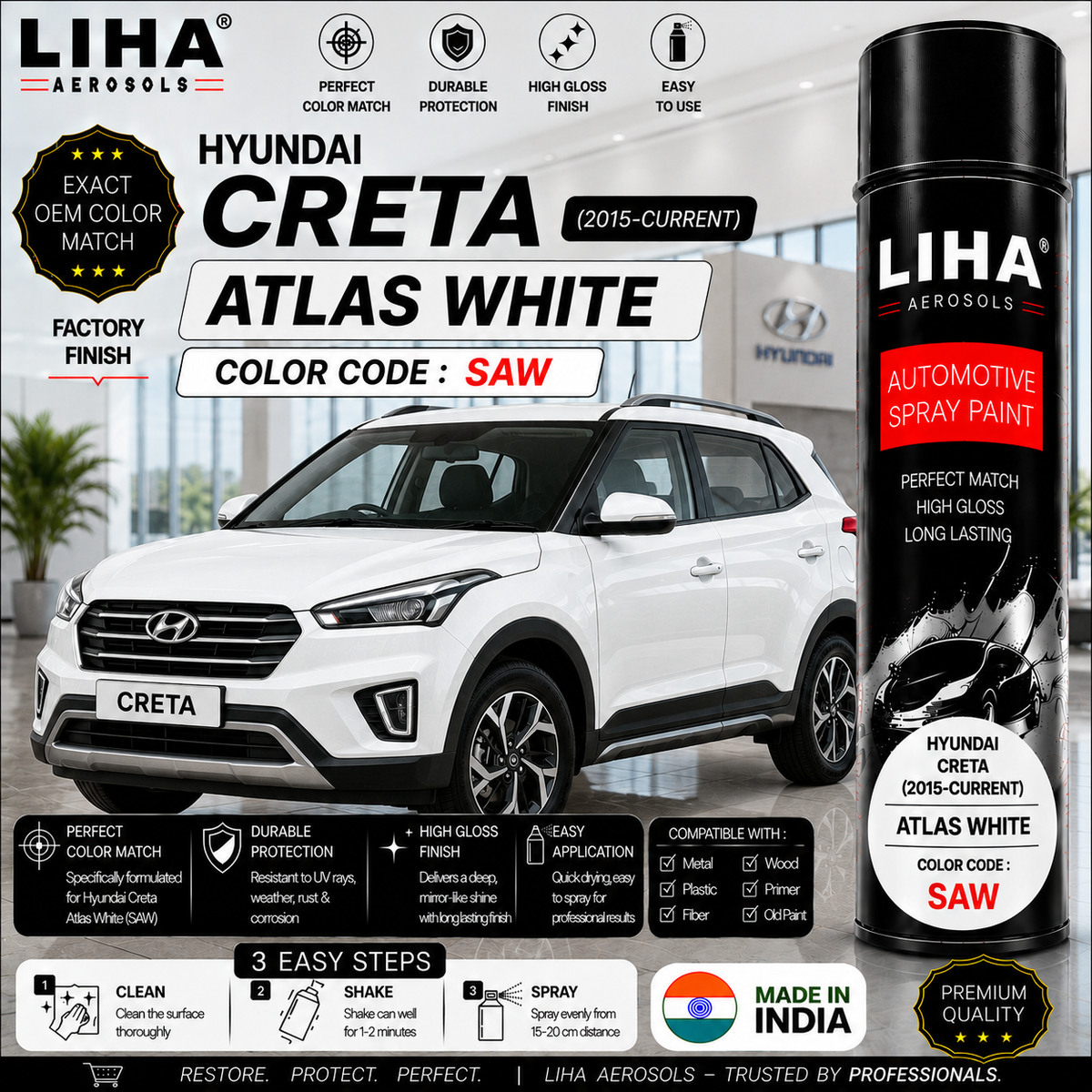 Hyundai Creta Atlas White Touch Up Spray Paint – OEM Color Match | LIHA Aerosols 500ml