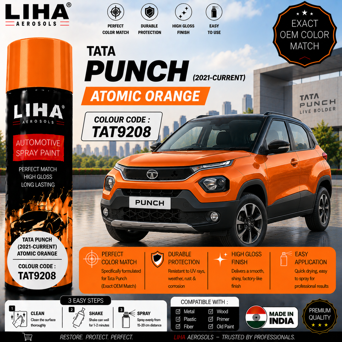 Tata Punch Atomic Orange Touch Up Spray Paint – OEM Color Match | LIHA Aerosols 500ml