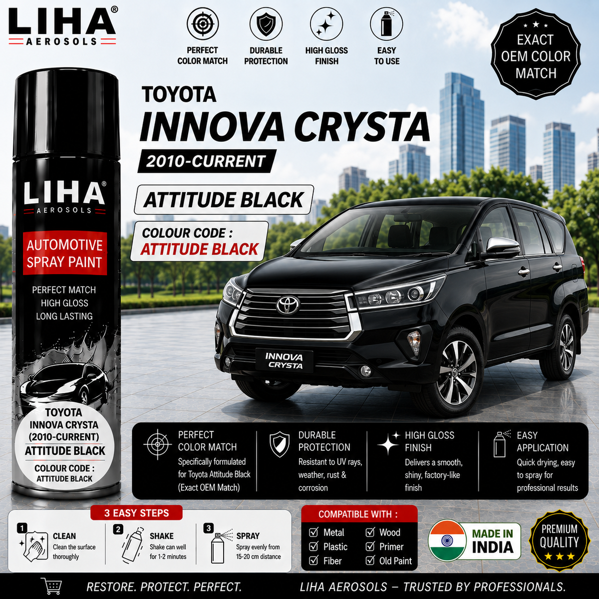 Toyota Innova Crysta Attitude Black Touch Up Spray Paint – OEM Color Match | LIHA Aerosols 500ml