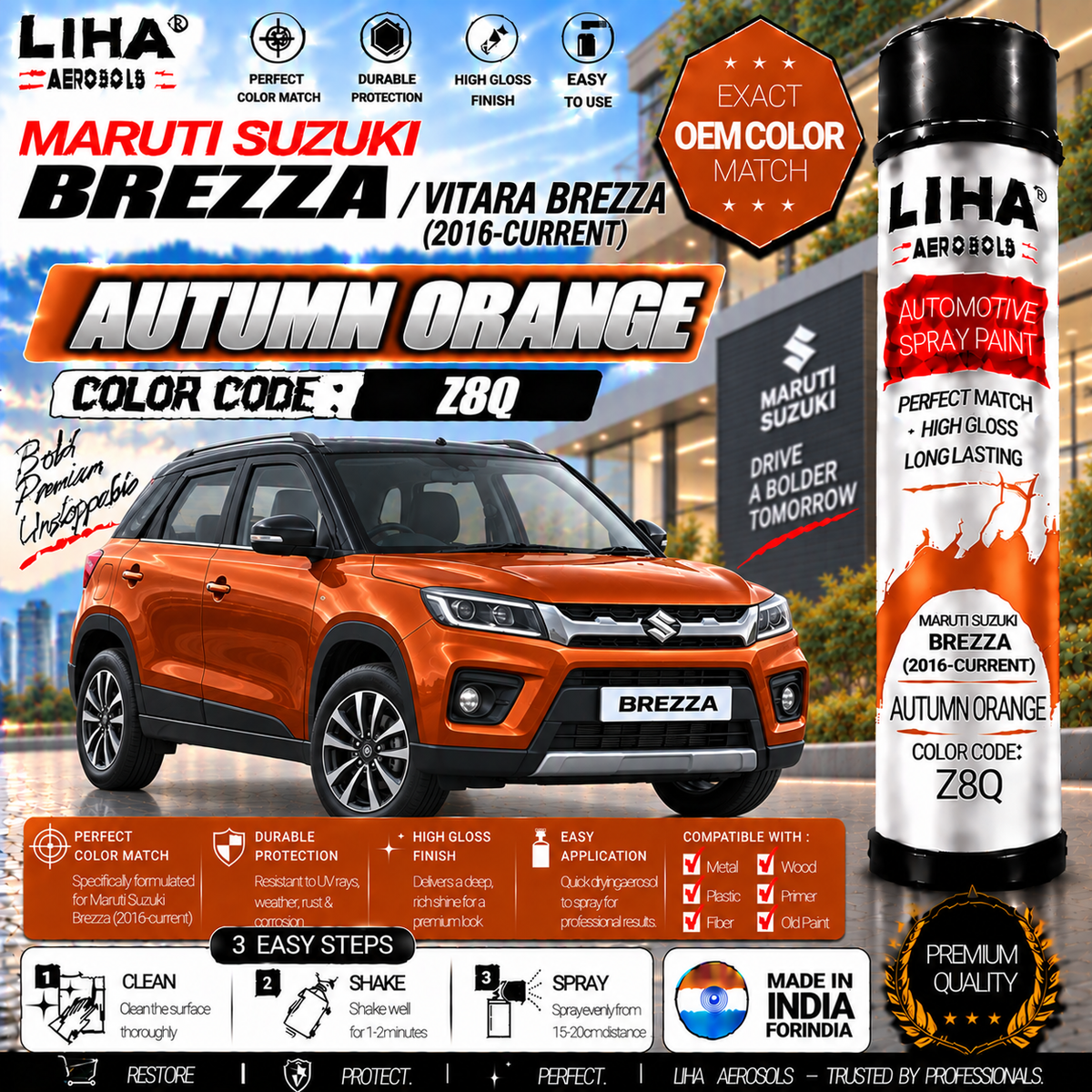 Maruti Suzuki Brezza / Vitara Brezza Autumn Orange Touch Up Spray Paint – OEM Color Match | LIHA Aerosols 500ml