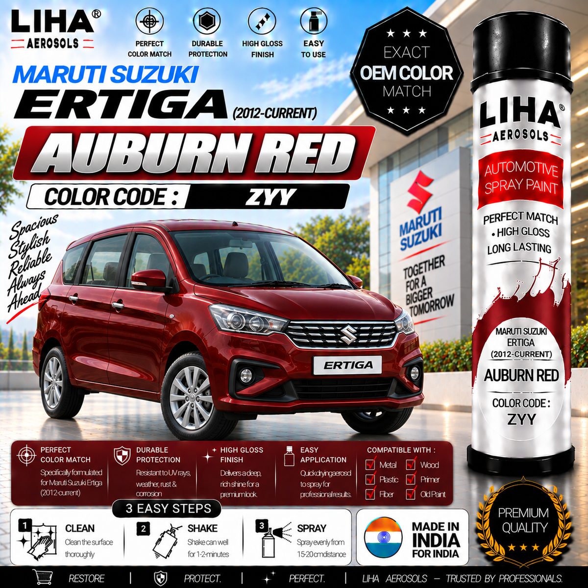 Maruti Suzuki Ertiga Auburn Red Touch Up Spray Paint – OEM Color Match | LIHA Aerosols 500ml