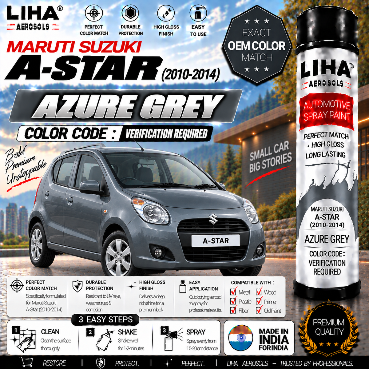 Maruti Suzuki A-Star Azure Grey Touch Up Spray Paint – OEM Color Match | LIHA Aerosols 500ml
