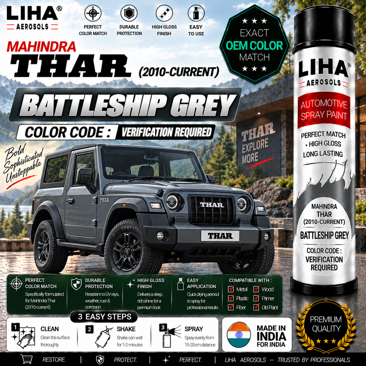Mahindra Thar Battleship Grey Touch Up Spray Paint – OEM Color Match | LIHA Aerosols 500ml