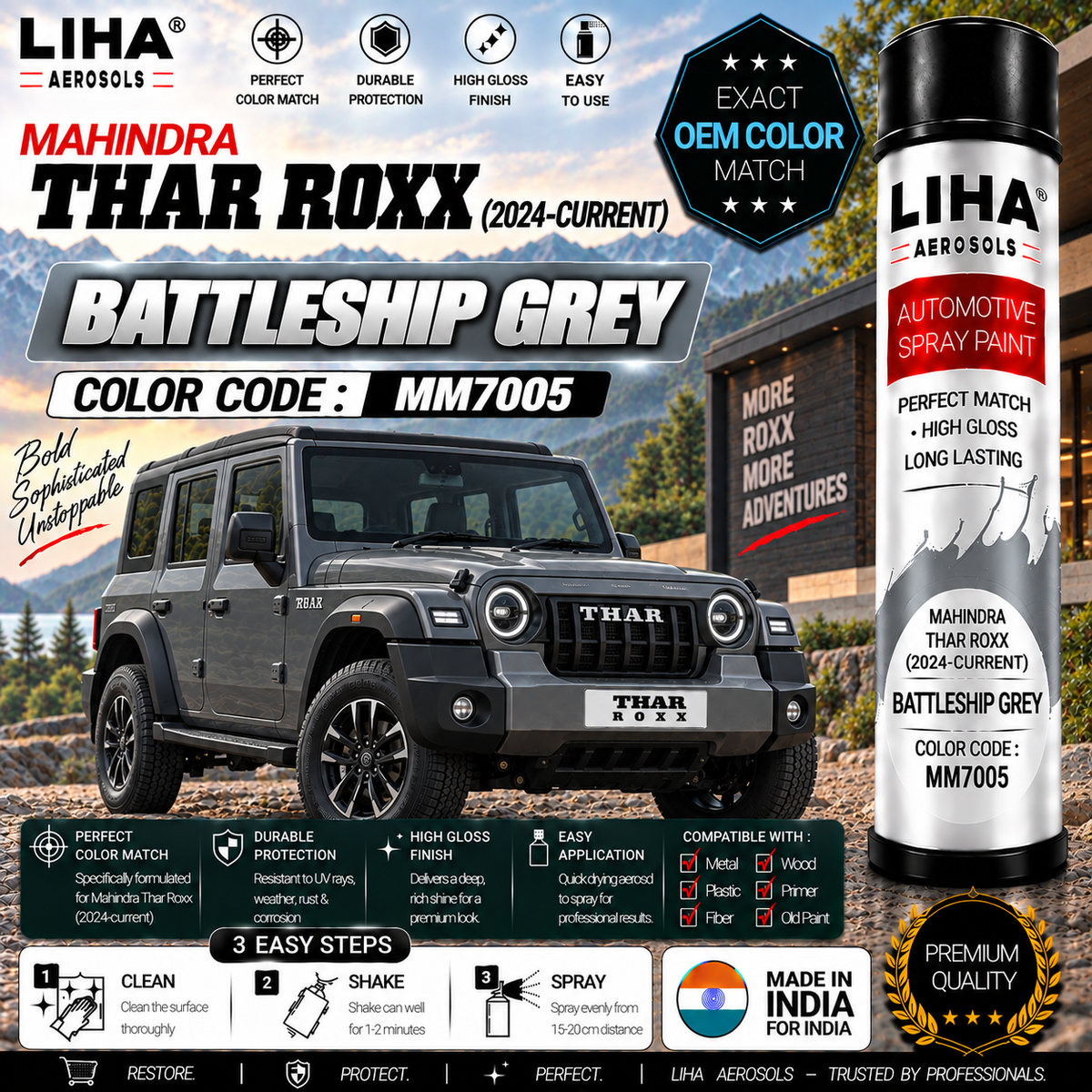 Mahindra Thar Roxx Battleship Grey Touch Up Spray Paint – OEM Color Match | LIHA Aerosols 500ml