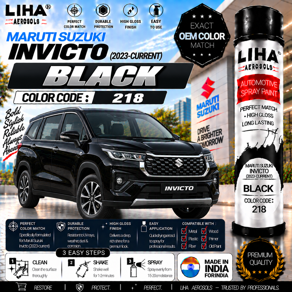 Maruti Suzuki Invicto Black Touch Up Spray Paint – OEM Color Match | LIHA Aerosols 500ml