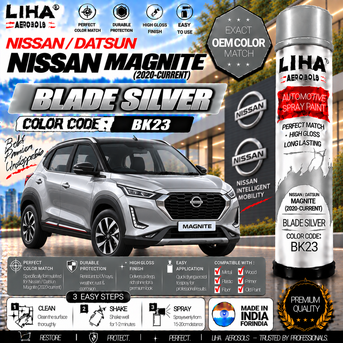 Nissan Magnite Blade Silver Touch Up Spray Paint – OEM Color Match | LIHA Aerosols 500ml