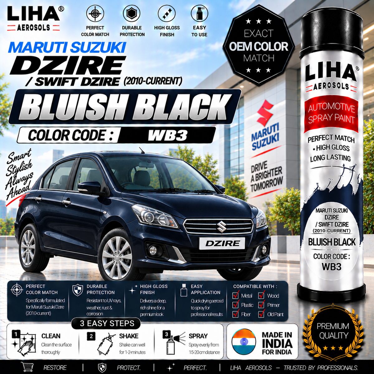 Maruti Suzuki Dzire / Swift Dzire Bluish Black Touch Up Spray Paint – OEM Color Match | LIHA Aerosols 500ml
