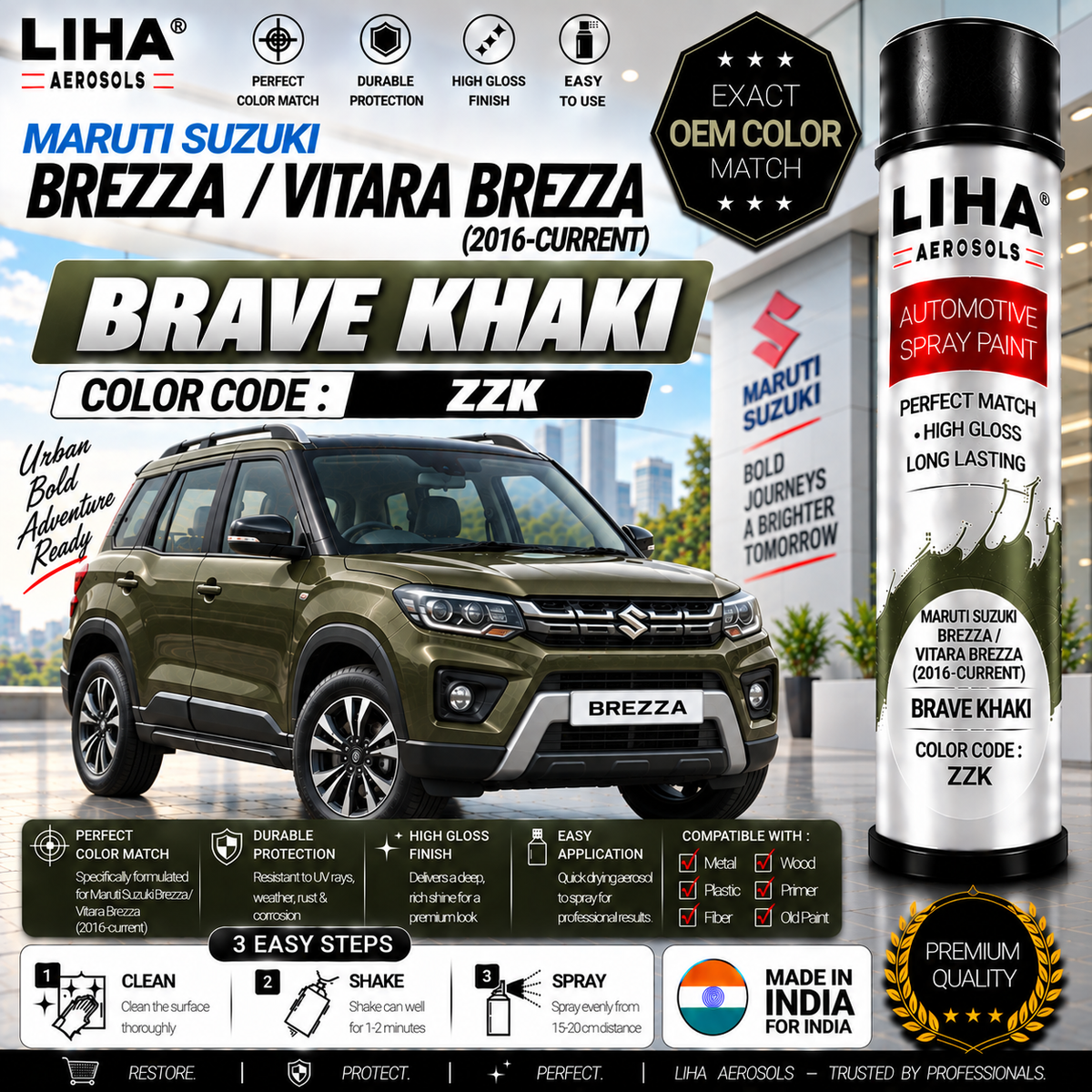Maruti Suzuki Brezza / Vitara Brezza Brave Khaki Touch Up Spray Paint – OEM Color Match | LIHA Aerosols 500ml