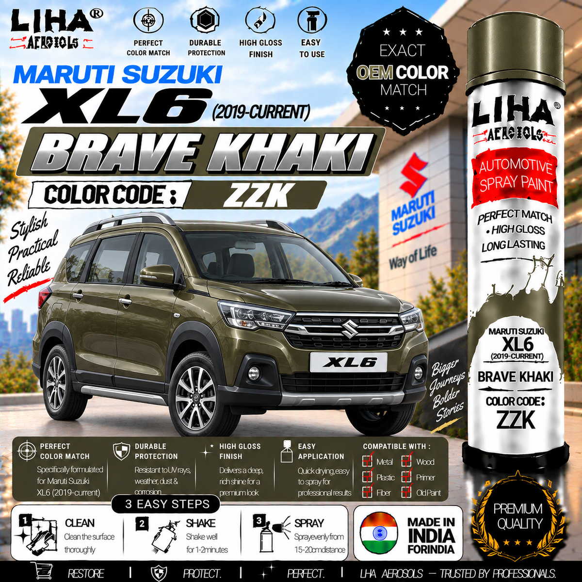 Maruti Suzuki XL6 Brave Khaki Touch Up Spray Paint – OEM Color Match | LIHA Aerosols 500ml