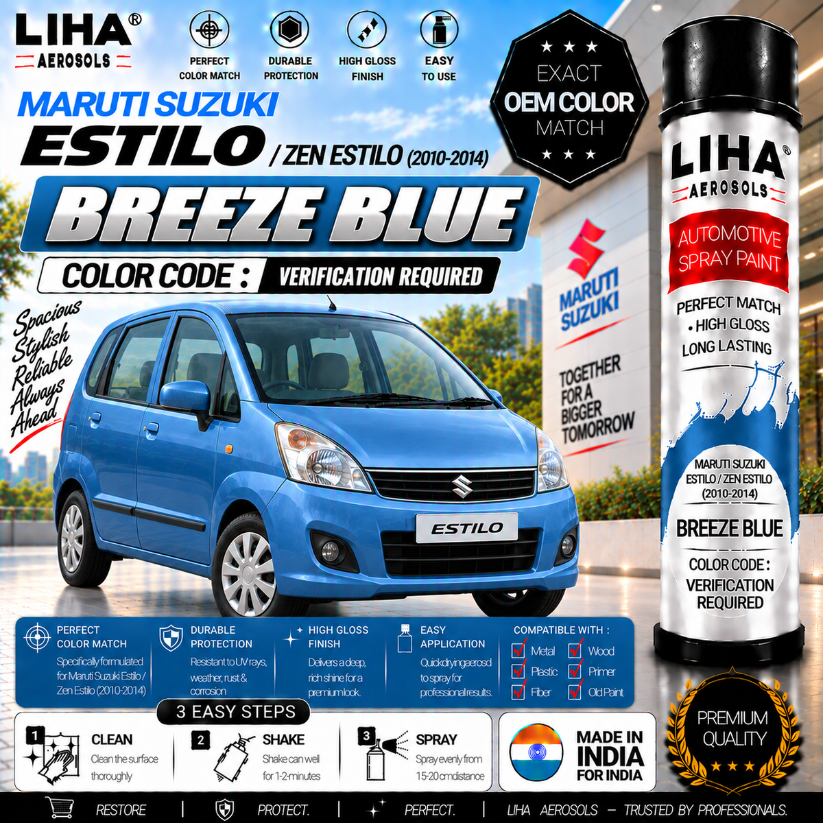 Maruti Suzuki Estilo / Zen Estilo Breeze Blue Touch Up Spray Paint – OEM Color Match | LIHA Aerosols 500ml