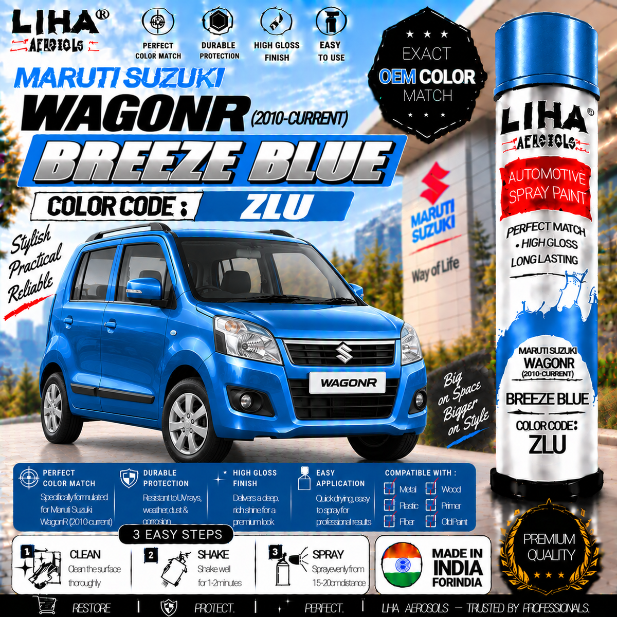 Maruti Suzuki WagonR Breeze Blue Touch Up Spray Paint – OEM Color Match | LIHA Aerosols 500ml
