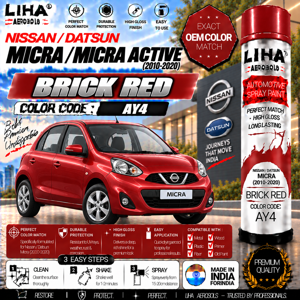 Nissan Micra / Micra Active Brick Red Touch Up Spray Paint – OEM Color Match | LIHA Aerosols 500ml