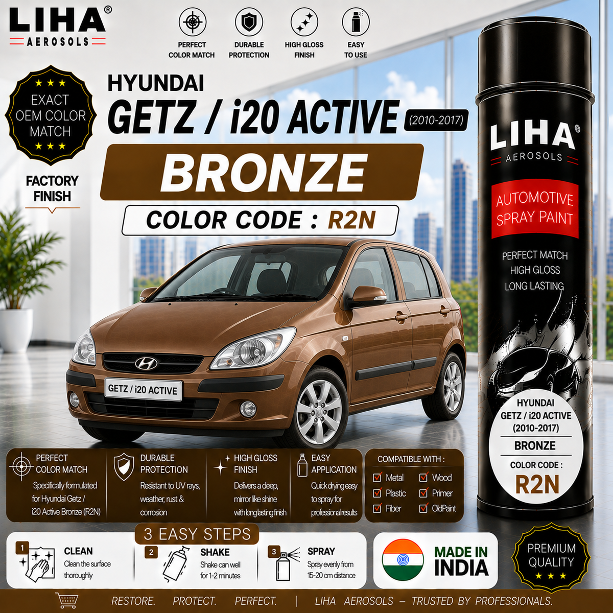 Hyundai Getz / i20 Active Bronze Touch Up Spray Paint – OEM Color Match | LIHA Aerosols 500ml