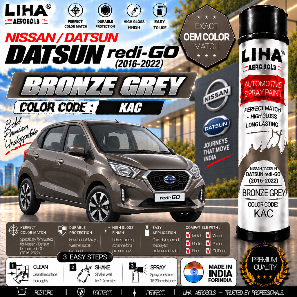 Datsun redi-GO Bronze Grey Touch Up Spray Paint – OEM Color Match | LIHA Aerosols 500ml