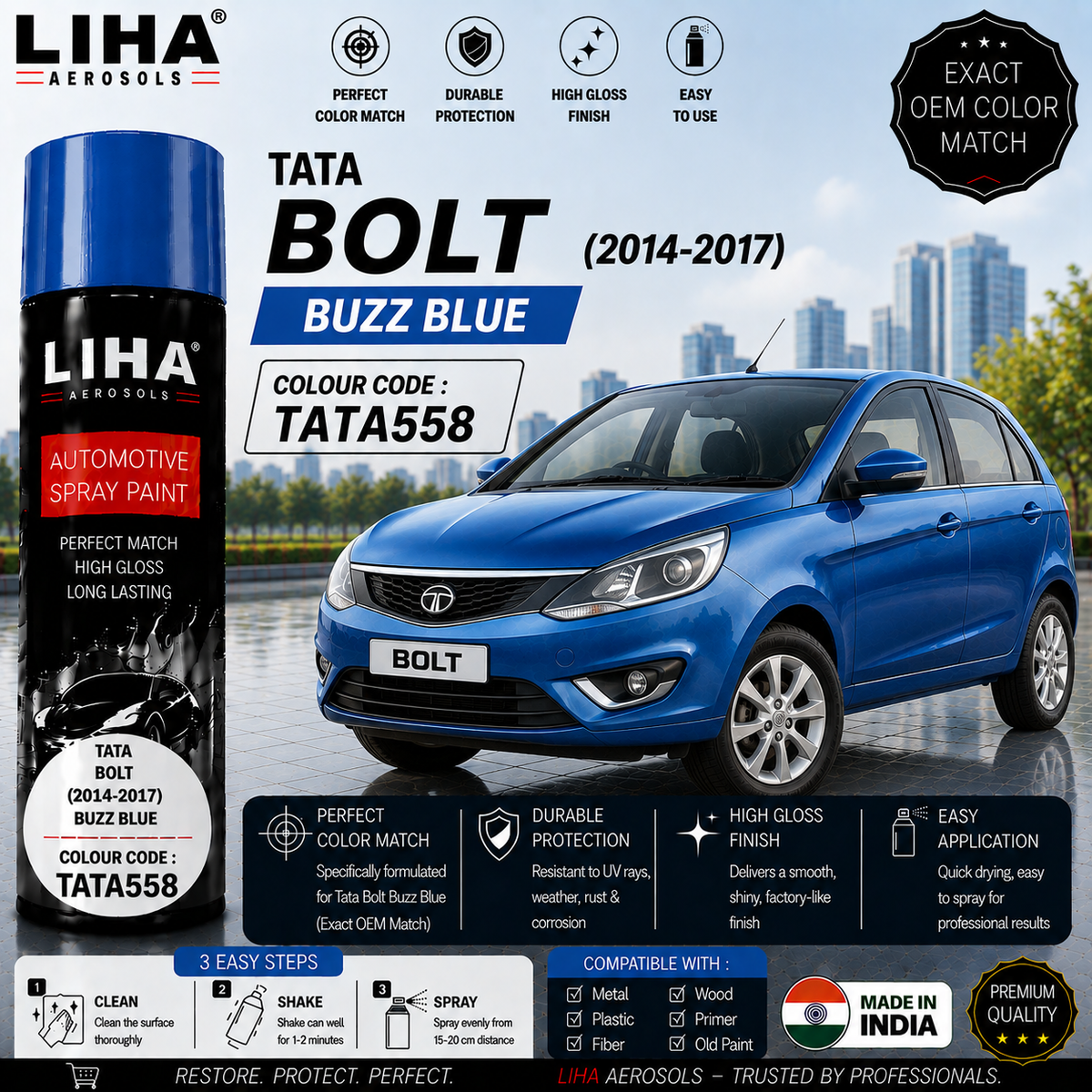 TATA Bolt Buzz Blue Touch Up Spray Paint – OEM Color Match | LIHA Aerosols 500ml