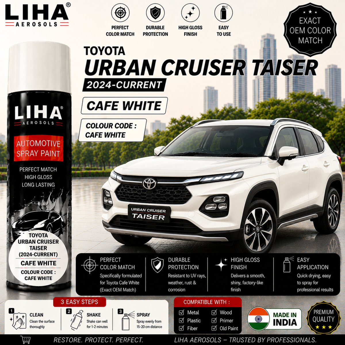 Toyota Urban Cruiser Taisor Cafe White Touch Up Spray Paint – OEM Color Match | LIHA Aerosols 500ml