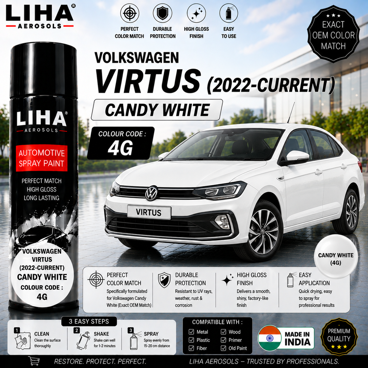 Volkswagen Virtus Candy White Touch Up Spray Paint – OEM Color Match | LIHA Aerosols 500ml