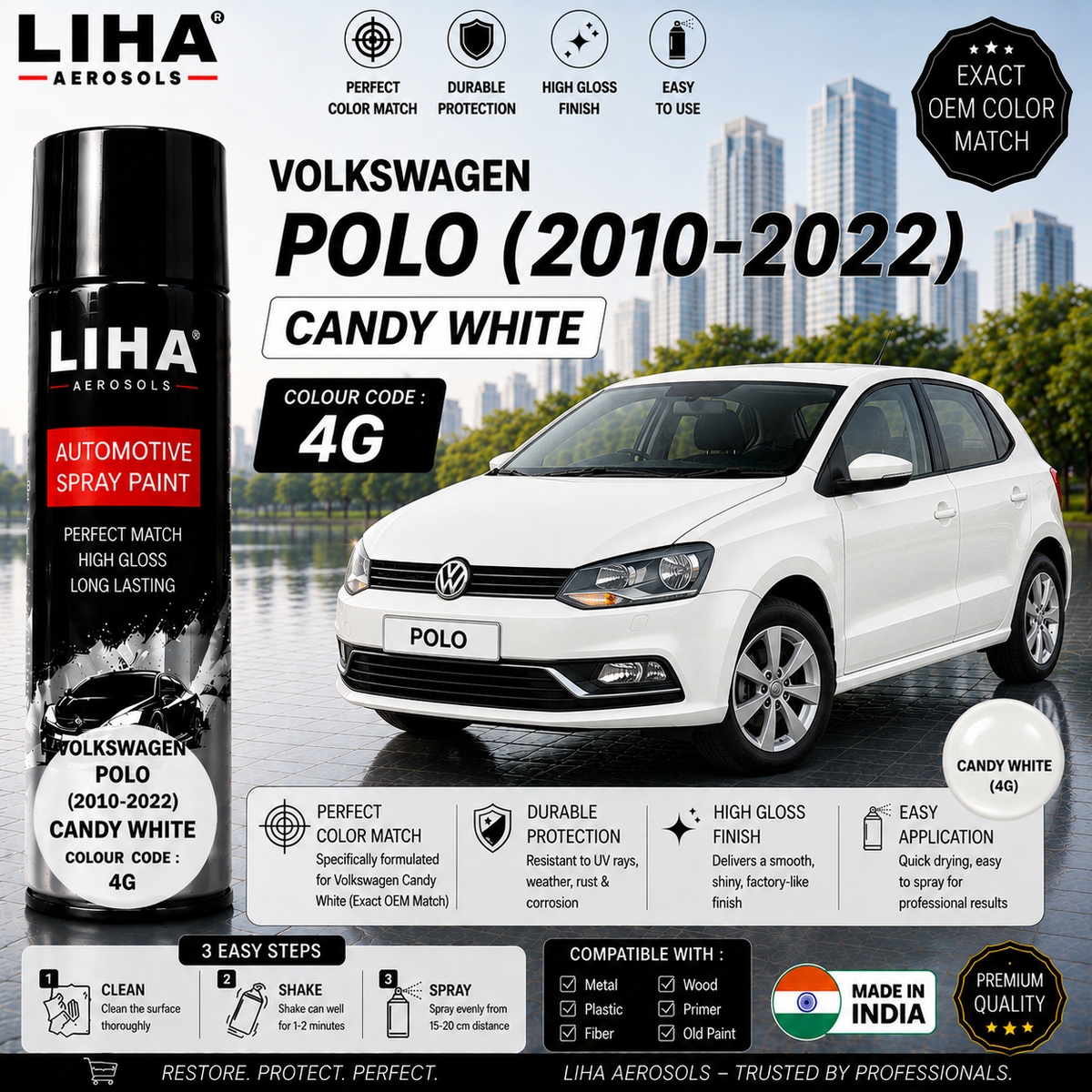 Volkswagen Polo Candy White Touch Up Spray Paint – OEM Color Match | LIHA Aerosols 500ml