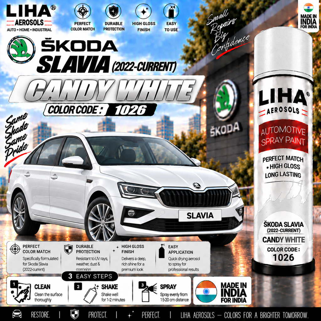 Skoda Slavia Candy White Touch Up Spray Paint – OEM Color Match | LIHA Aerosols 500ml