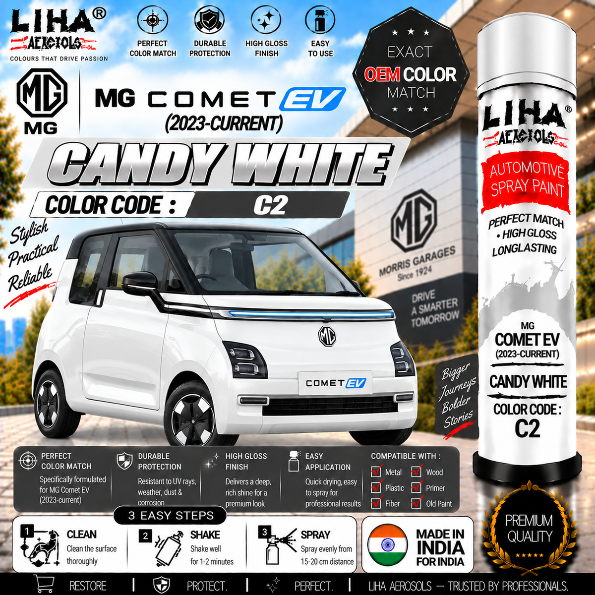MG Comet EV Candy White Touch Up Spray Paint – OEM Color Match | LIHA Aerosols 500ml