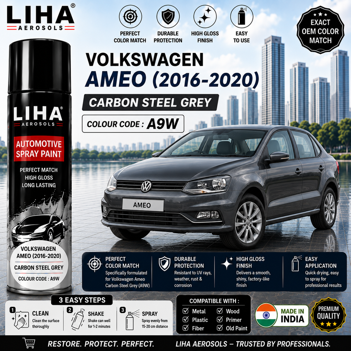 Volkswagen Ameo Carbon Steel Grey Touch Up Spray Paint – OEM Color Match | LIHA Aerosols 500ml